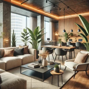 espace lounge bureau fauteuils plantes